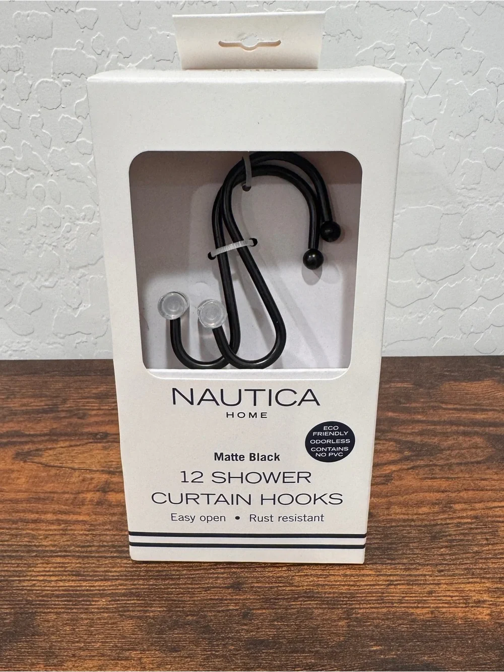 New Nautica Matte Black Shower Curtain Hooks Set Easy Open Rust Resistant Modern